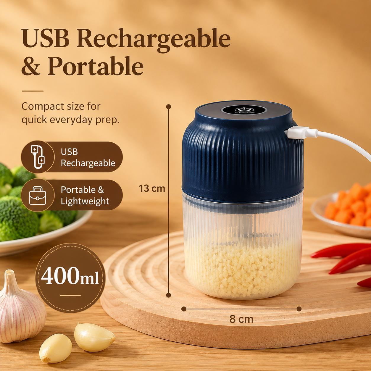 Upgraded 400ml Electric Food Chopper – 6-Blade USB Rechargeable Mini Food Processor – High-Speed Grinding for Garlic, Meat, Vegetables & Herbs – One-Touch Operation for Quick Meal Prep – Portable Kitchen Gadget for Home & Camping