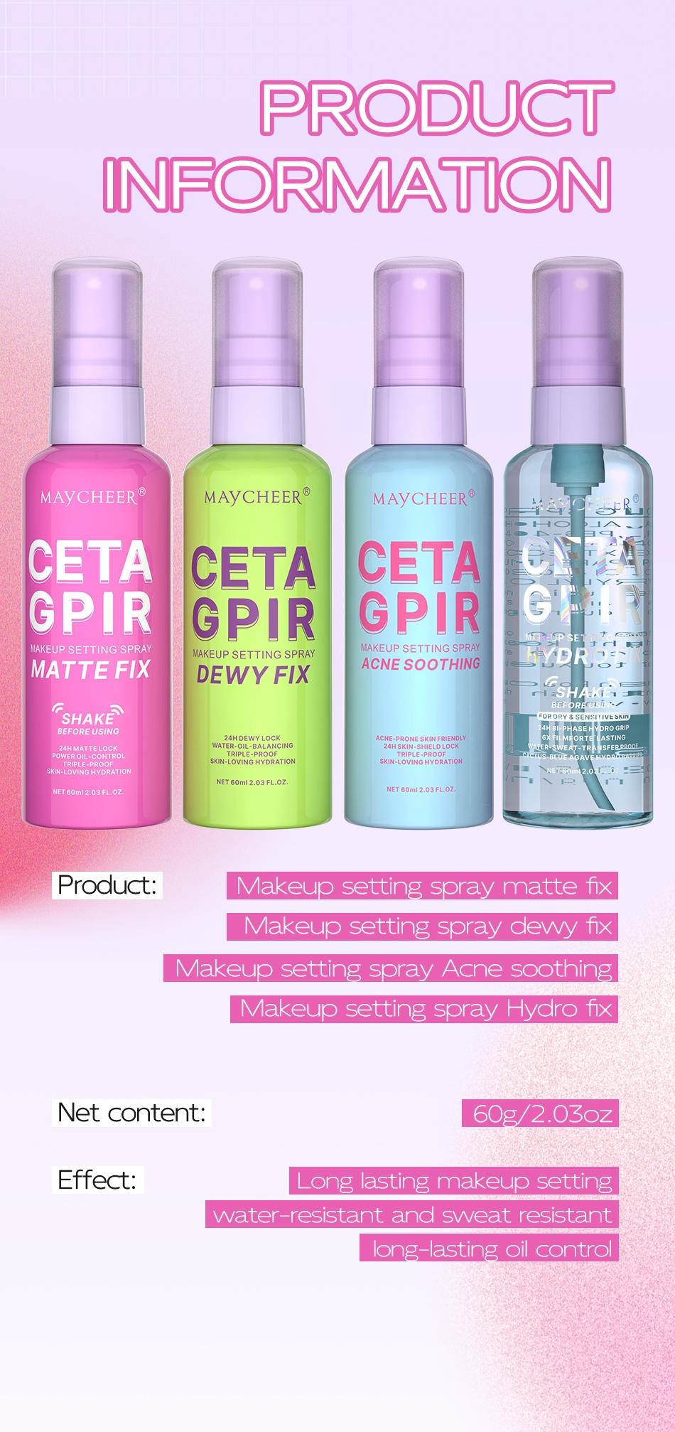 Maycheering Get Grip Matte Water Gloss Setting Spray, Makeup Setting Mist, Makeup Fixing Spray - 2.03oz Waterproof Oil Control Moisturizing Setting Spray, Light Lasting Formula, Anti-smudge, All Day Lasting Setting for Sensitive Light Skin