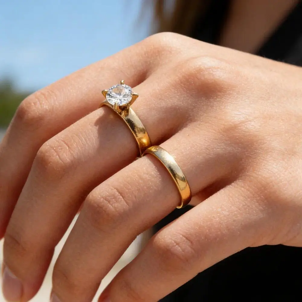 Elegant Wedding Engagement Couple Rings Set Gold Silver Color Anniversary Accessory With  Shiny Cubiz Zircon Stone