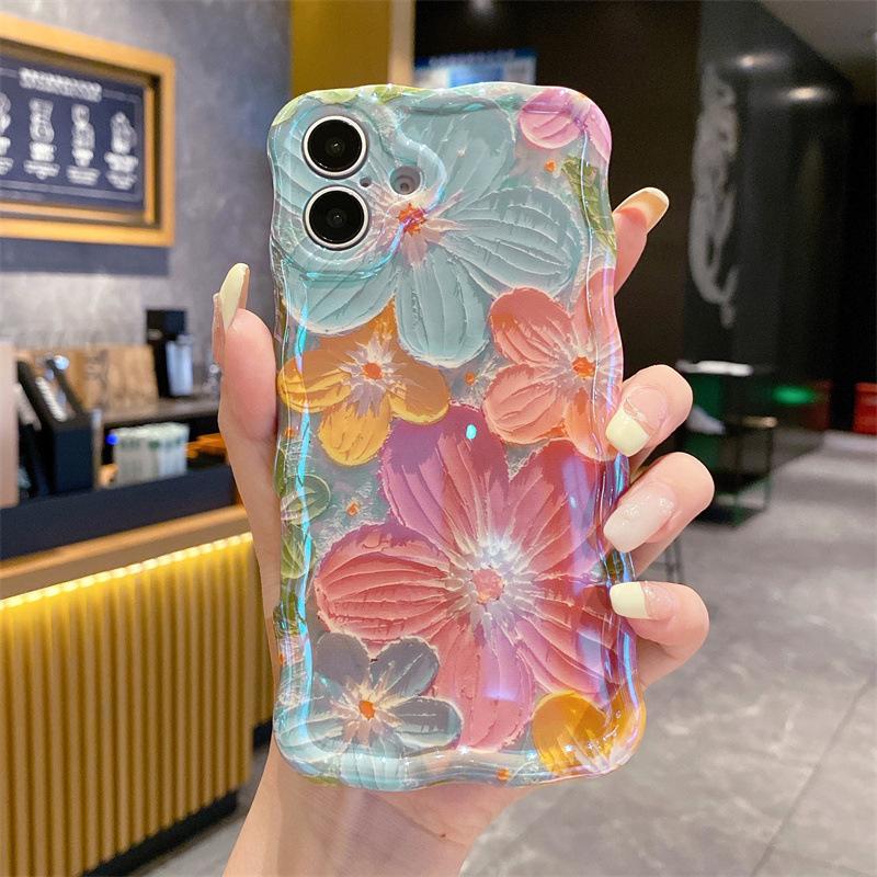Oil Painting Flower Wavy Edge Phone Case - Laser Glitter Soft TPU Shockproof Cover for iPhone | Aesthetic Floral Case for Women Spring Daily Party Vacation Wear
