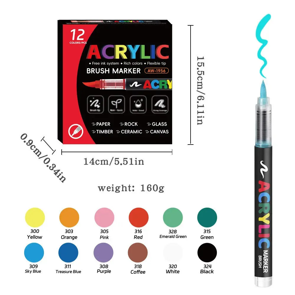 Direct Liquid Acrylic Paint Pens, Acrylic Painting Pen, Acrylic Marker Set, 12 Colors, Soft Brush Tip, Water-Based Markers, for Fabric, Canvas, Rock, Glass, Wood, Paper, School & Art Supplies