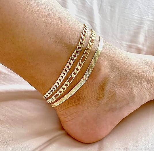 Tewiky Anklet Bracelets, Cuban Link Anklets Set, Layered Anklets for Women, Waterproof Jewelry Gift For Mother‘s day