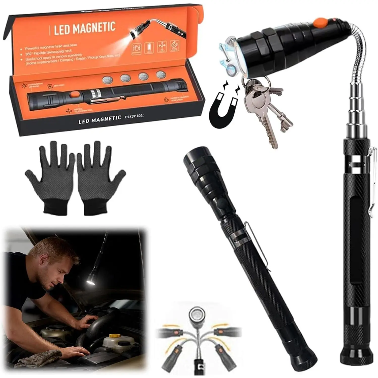 Extendable Magnetic Pickup Tool, Telescoping Magnet Stick with LED Flashlight, Cool Car Accessories, Father's Day Birthday Gifts for Men Dad Husband Him from Daughter Son