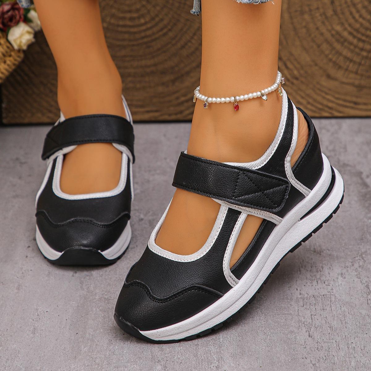 Women Hollow Out Wedge Sneaker Sandals, Breathable Hook & Loop Platform Walking Shoes, Color Block Casual Outdoor Shoes
