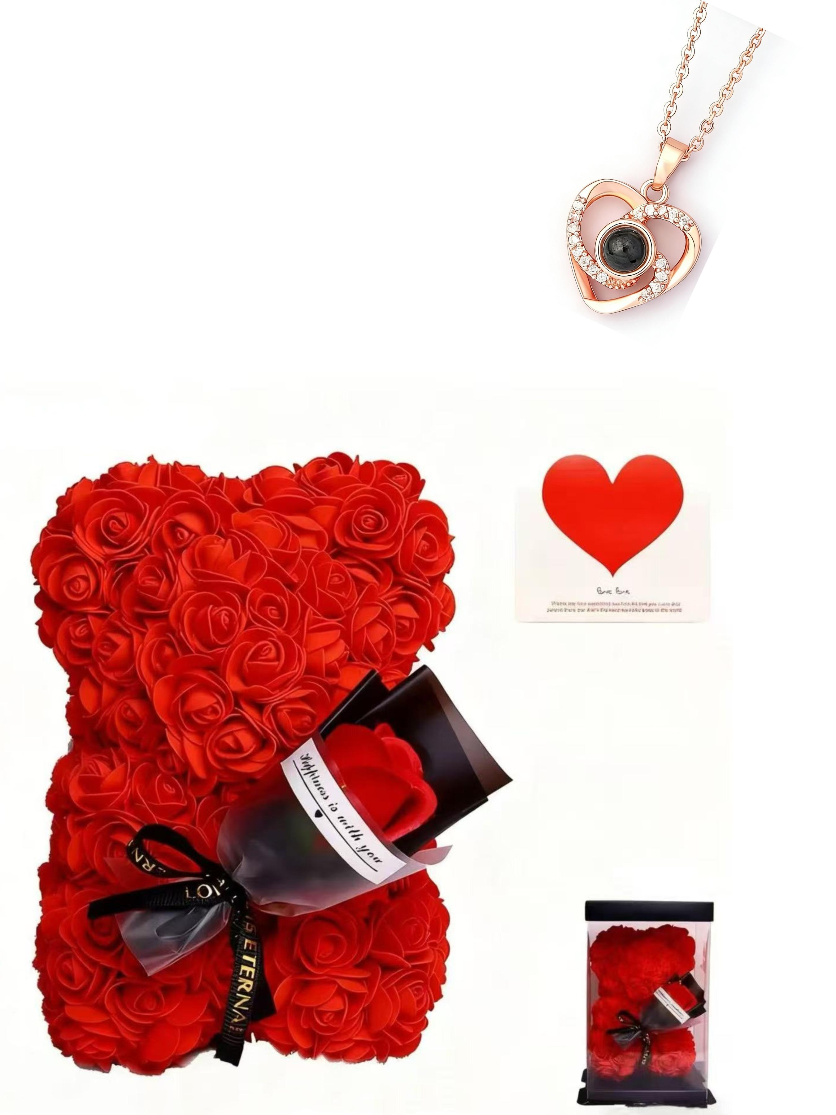 Heart Projection Necklace, 100 Languages, Mother's Day Gift, Eternal Rose Bouquet, Foam Flower Bear Box, Valentine's Day Present
