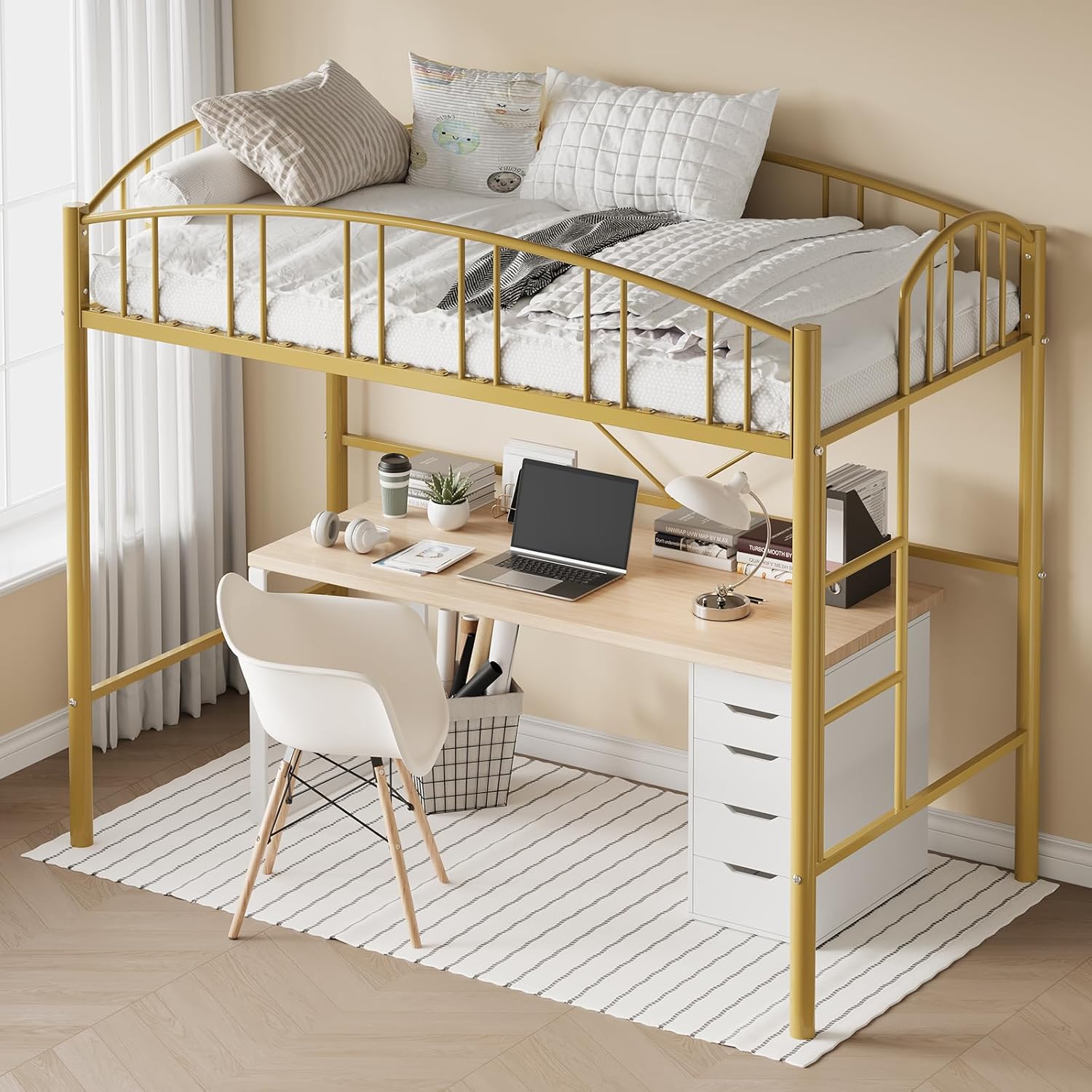 Loft Bed Twin Size, Heavy Duty Metal Loft Bed Frame with Arched Guardrail and Safety Ladder, Space-Saving, No Box Spring Needed