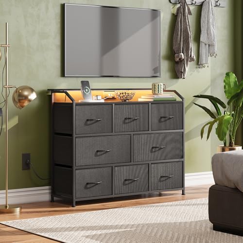 Fabric Drawer Dressing Table with Power Outlets and LED Lights, Multi-Functional TV Cabinet & Storage Cabinet with Built-in Electrical Sockets, Black Fabric Drawers with Metal Frame, Perfect for Bedroom, Living Room & Media Storage