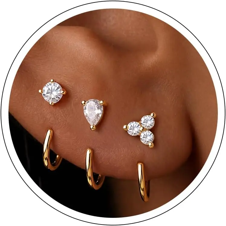 3 Pairs No Back Pokeless Earrings Stacks for Women Non Tarnish , Cartilage Helix Lightweight Hypoallergenic Sleep Earrings for Sensitive Ears, Open J Hoop Stud Earring Long‑Nail Friendly S925 Sterling Silver Plated & 14K Gold Plated