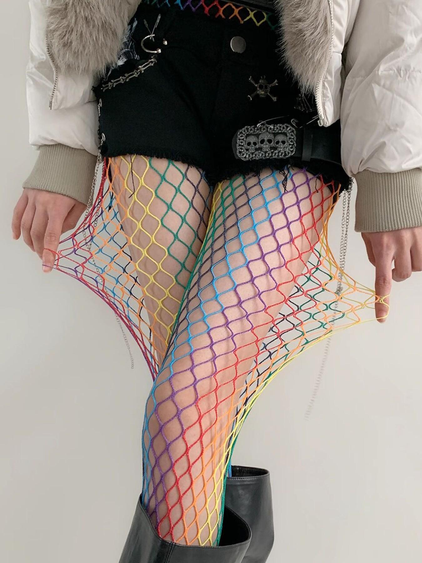Y2K Boho Mesh Stockings, Rainbow Color Grid Patchwork Fishnet Pantyhose, Fitted Style, Women's Fashion Accessories