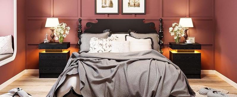 Night Stand with Charging Station, Modern Nightstand with LED Light and 2 Drawers, Bedside Tables/End Table for Bedroom