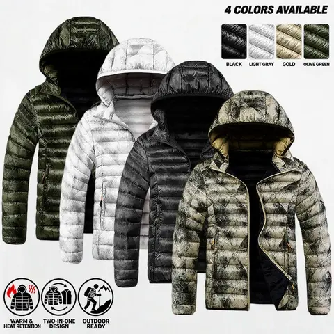 Men's Hooded Puffer Jacket with full front zipper closure, zippered side pockets, padded filling to lock in warmth, smooth outer fabric, available in multiple colors, great for outdoor hiking, camping trips and autumn & winter daily casual outfits