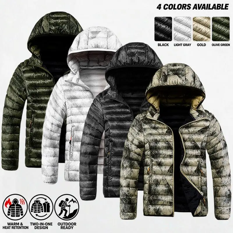 Men's Hooded Puffer Jacket with full front zipper closure, zippered side pockets, padded filling to lock in warmth, smooth outer fabric, available in multiple colors, great for outdoor hiking, camping trips and autumn & winter daily casual outfits