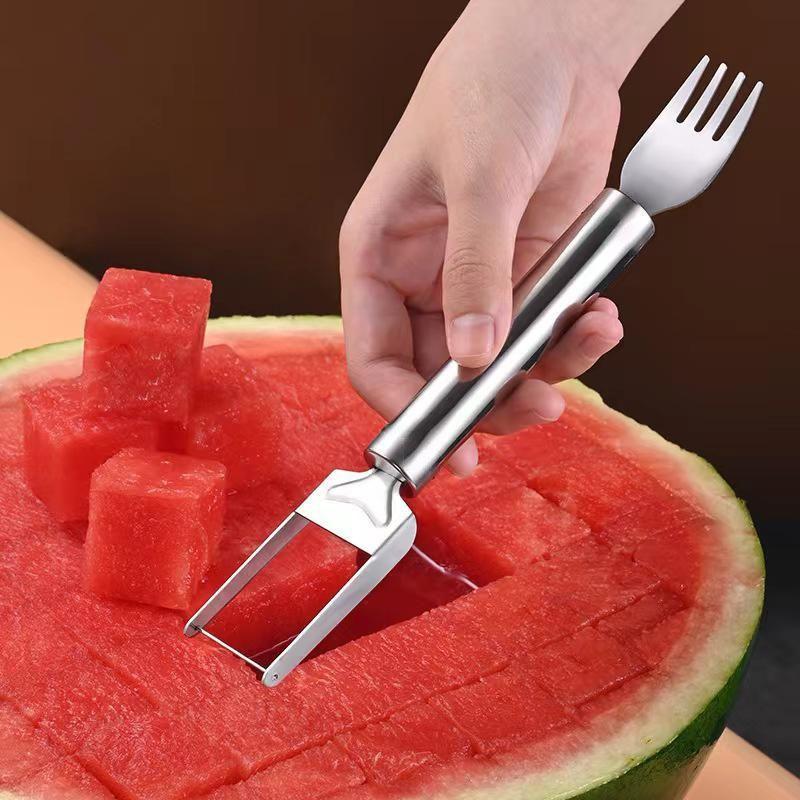 Stainless Steel Dual-Head Watermelon Slicer Fork, Multi-Functional Fruit Divider, Perfect for Cutting Watermelon Pulp Blocks