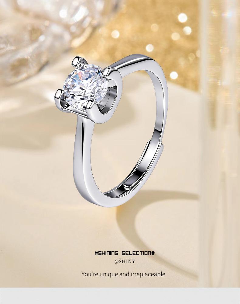 TikTok influencer cross-border Korean-style simple four-prong hollow zircon fashion imitation moissanite sparkling diamond open ring for women