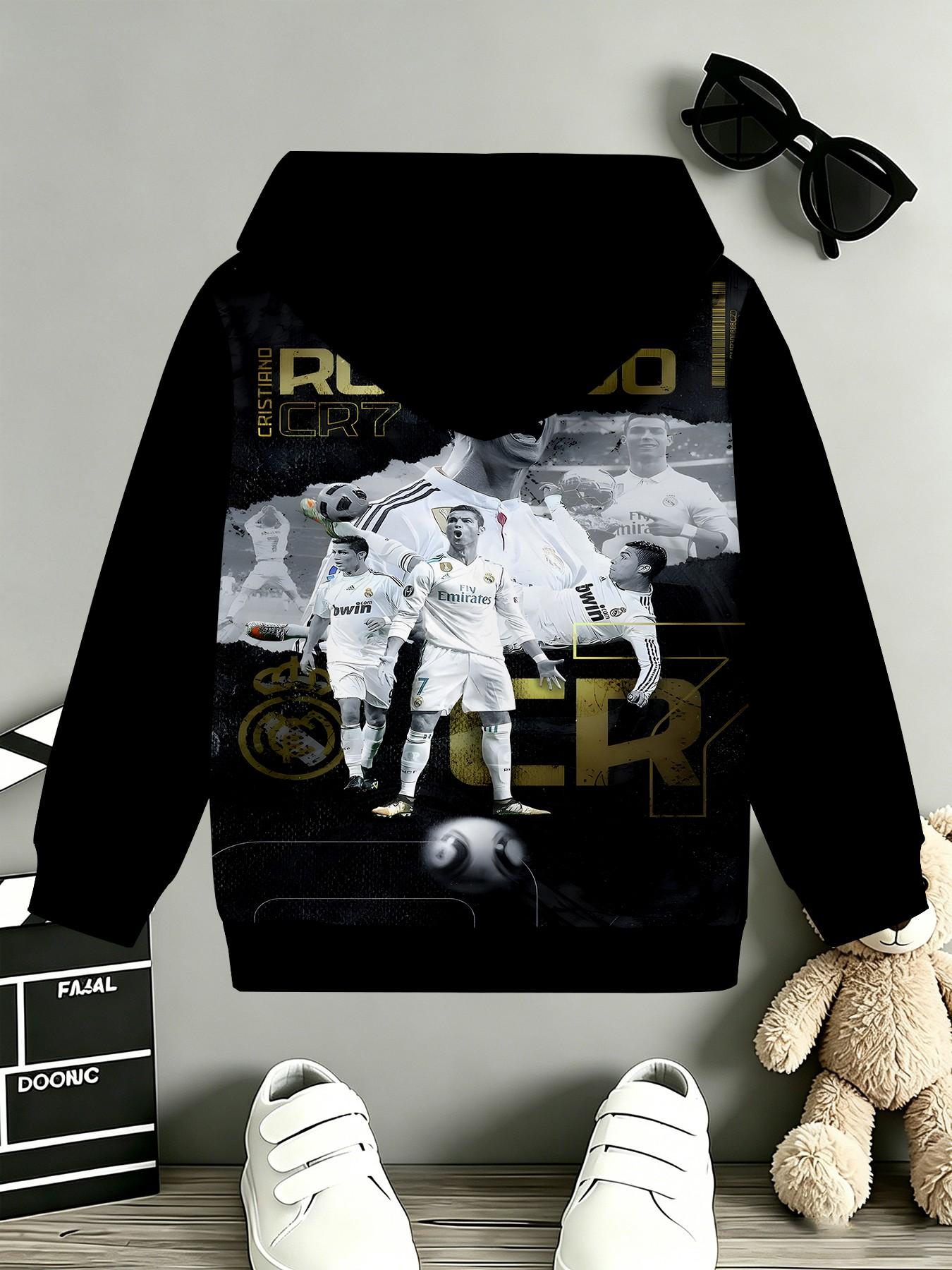 Base Ronaldo Cr7 Gold Foil Print Hoodie, Boys' Football Theme Long Sleeve Pullover, Casual Loose-Fit H-Type Design