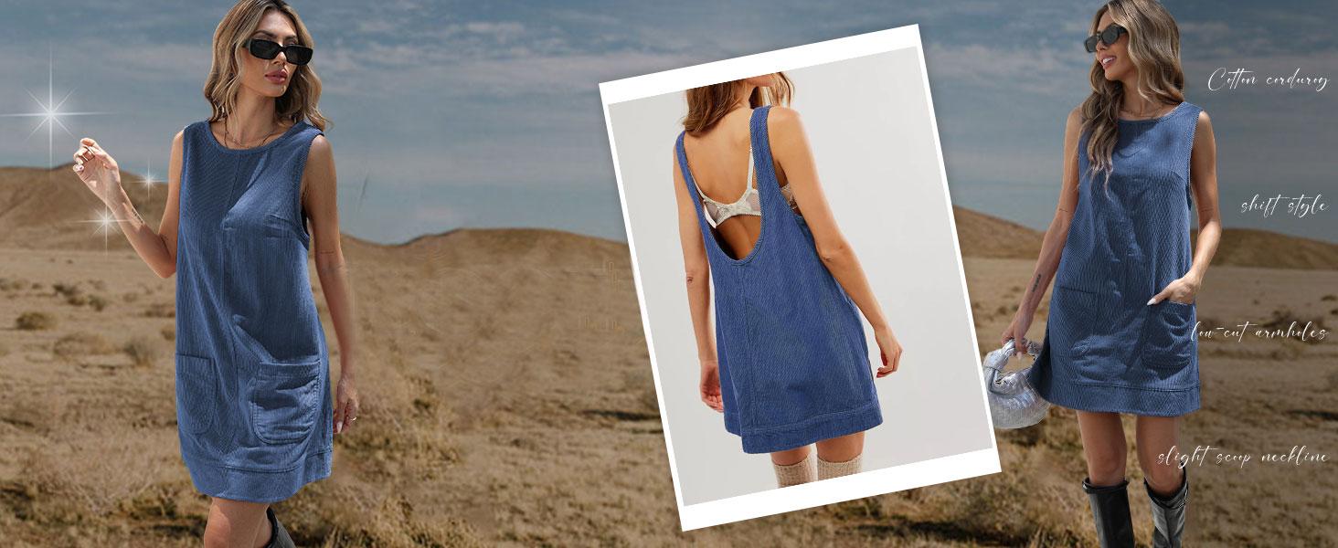 Women's Corduroy Overall Dress Round Neck A Line Skirtall Jumper Mini Dress Pinafore with Pockets#TikTokShopBlackFriday