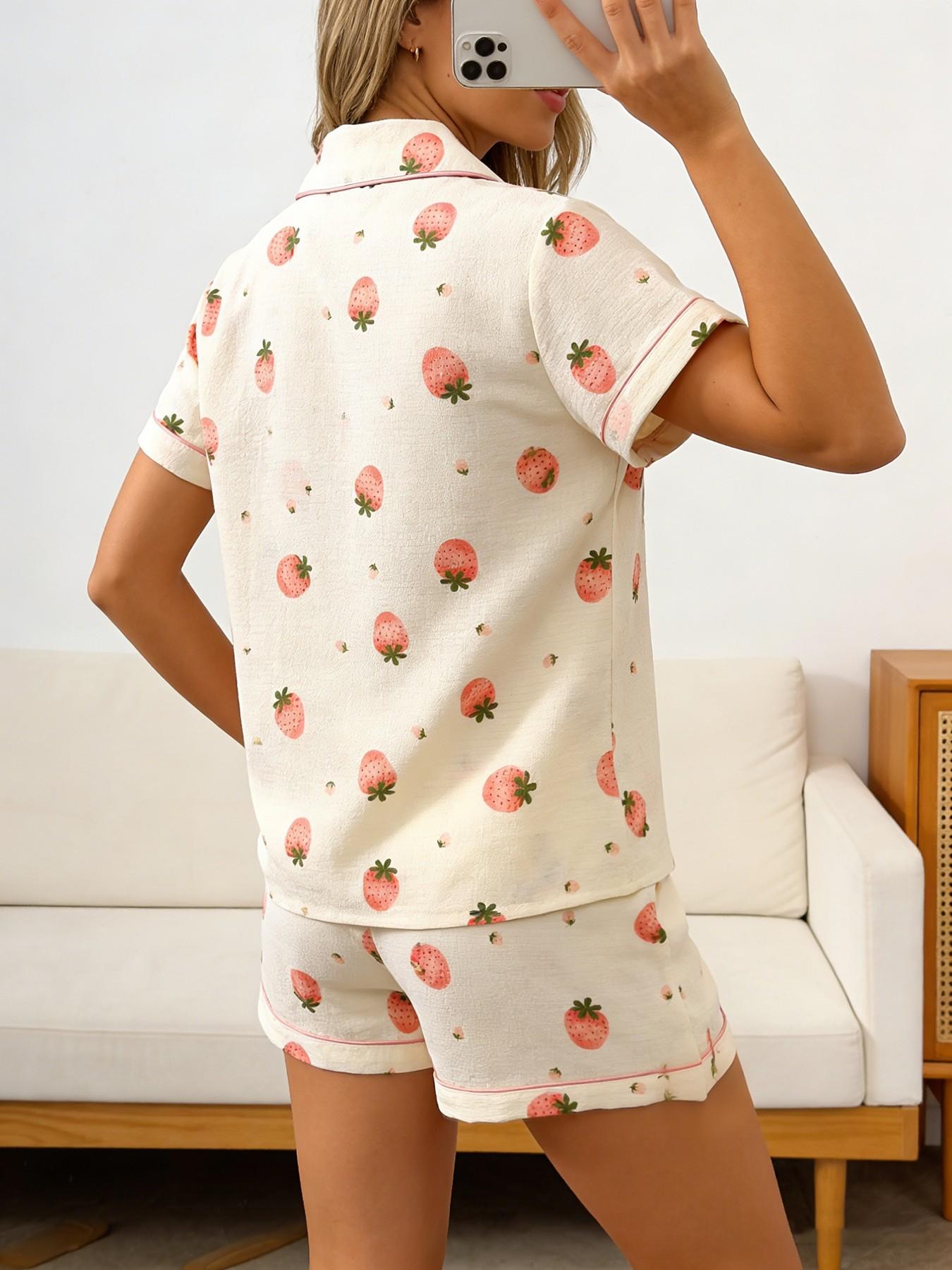 Women's Short Sleeve Button Down Top and Shorts Pajama Set, Spring Summer Wear, For Cute Sweet Girls, Cream Base Pink Strawberry Print, Classic Lapel Collar, Loose Vitality Fit, Comfortable For Home & Gatherings