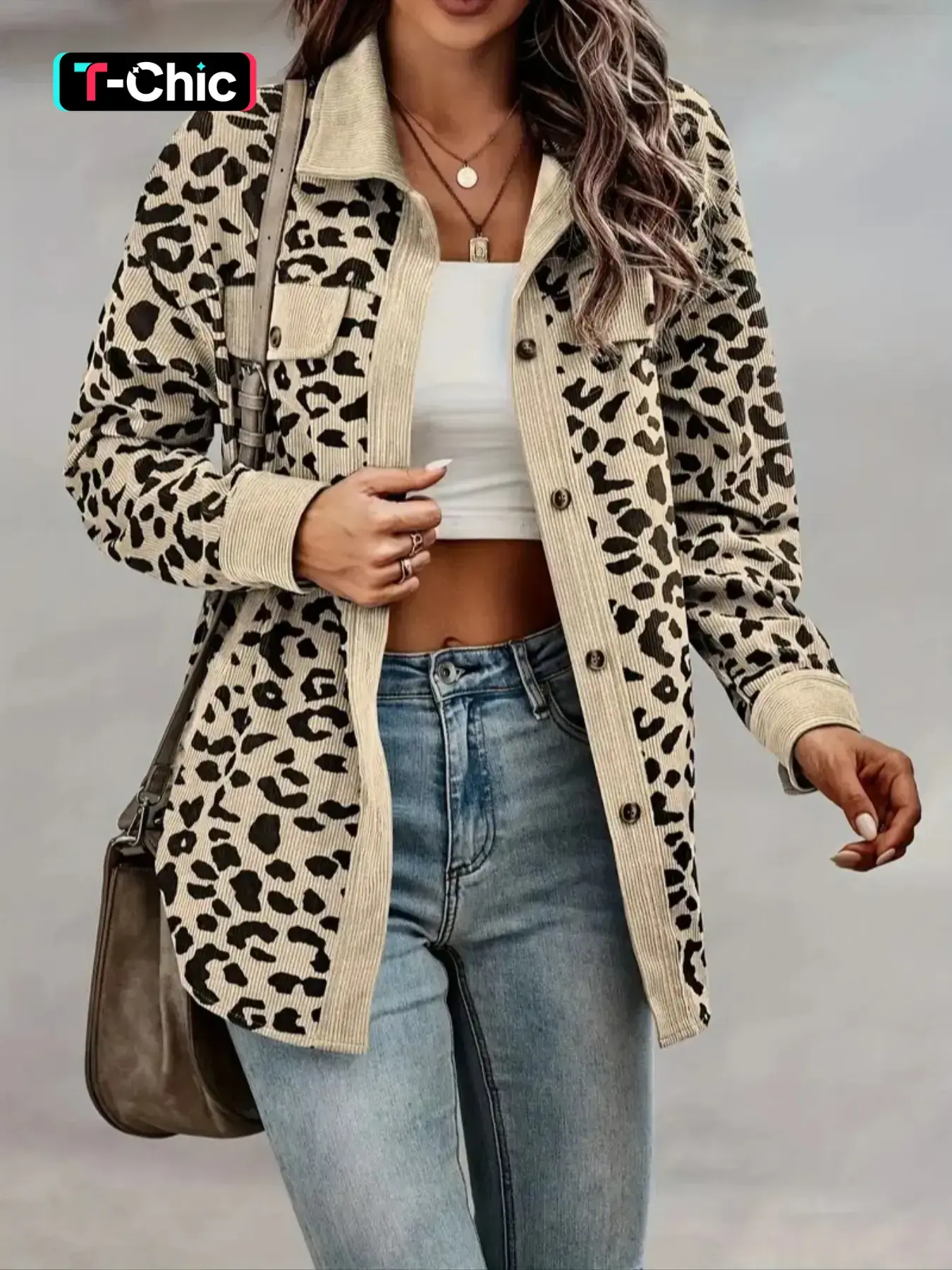 Autumn Winter Leopard Print Corduroy Long Sleeve Shirt, Casual Daily Wear, Versatile Fashion Top, Comfortable and Stylish