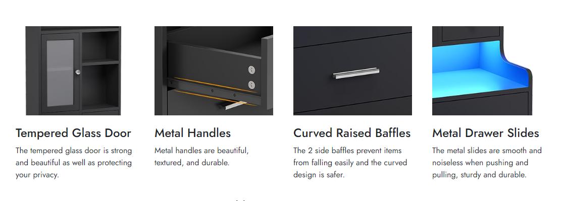 Sikaic Tall Nightstand with Charging Station, Black Bedside Table with Drawers & Glass Door, LED Night Stand with Bookshelf, End Side Table with Storage