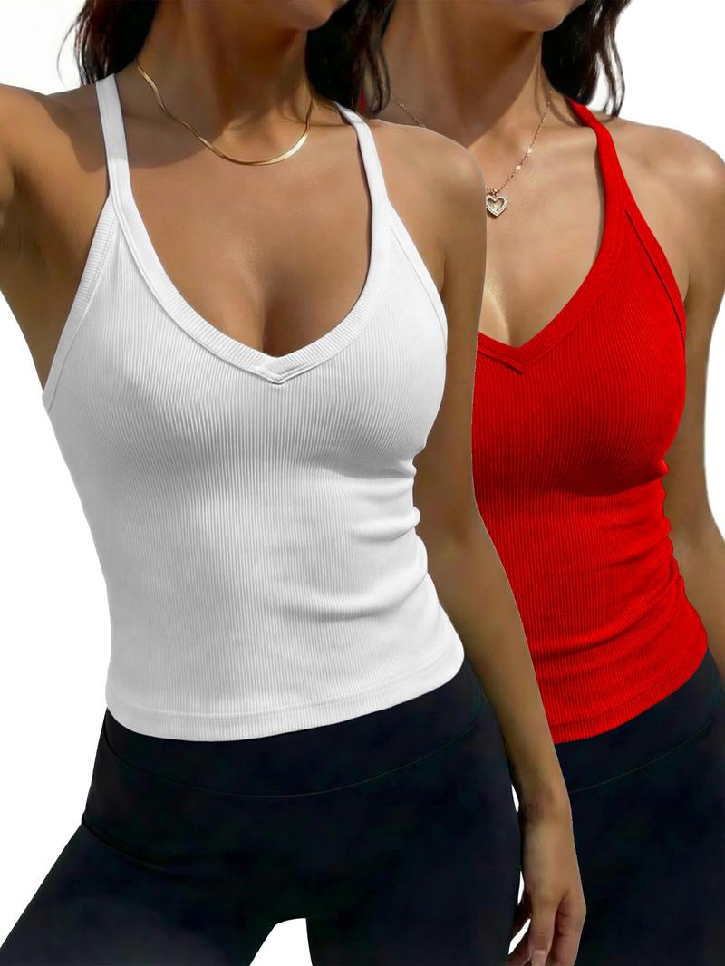 Women's Solid Racerback Tank Top, Casual Sleeveless Deep V- Neck Top for Summer, Ladies Clothes for Daily Wear, Breathable Sleeveless Tops