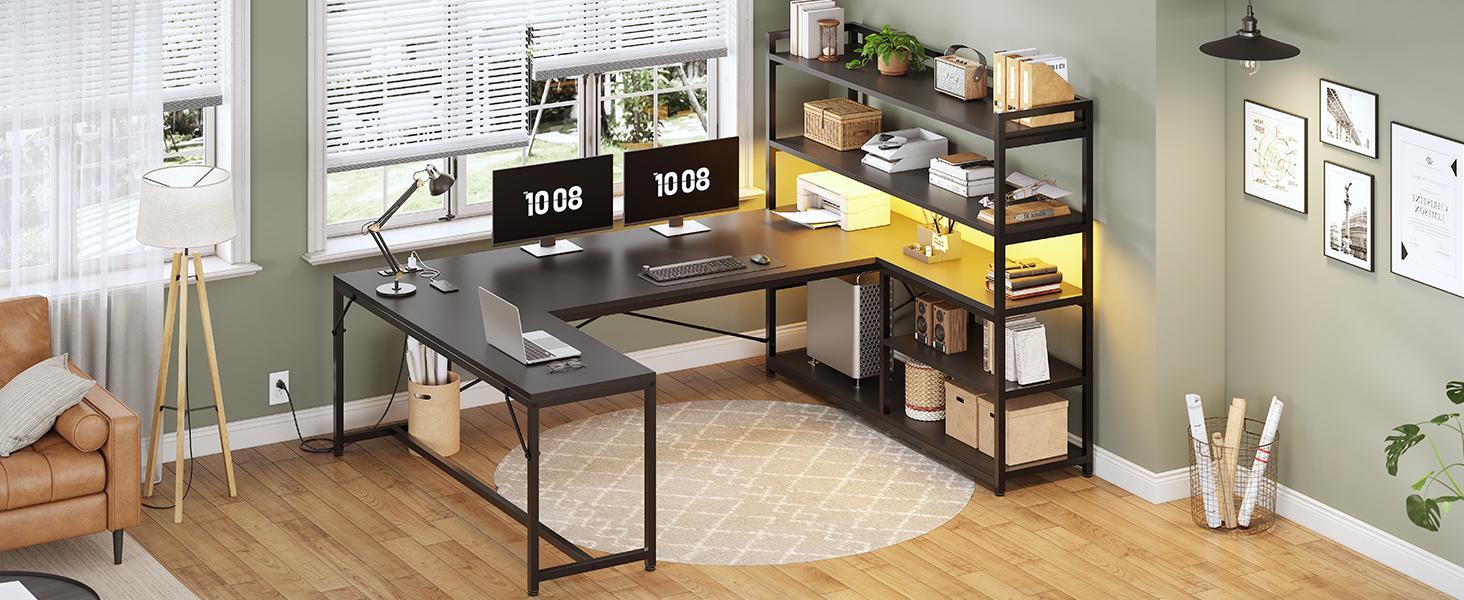 SEDETA 63 Inch Reversible Office Computer Desk L Shaped Gaming Desk with LED Lights Power Outlet 5-tier Storage Shelves Organizer Modern