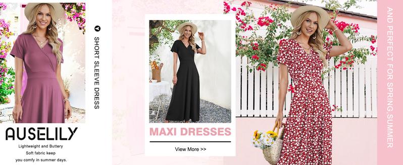 AUSELILY Maxi Dresses for Women V neck Ankle Length Floral Print Beach Long Flowy Dress with Pockets