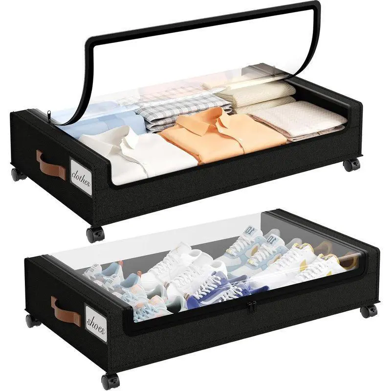 Under Bed Storage with Wheels 2 Pack 60L Black, Rolling Underbed Container with Clear Lid and Locking Swivel Wheels for Clothes and Blankets