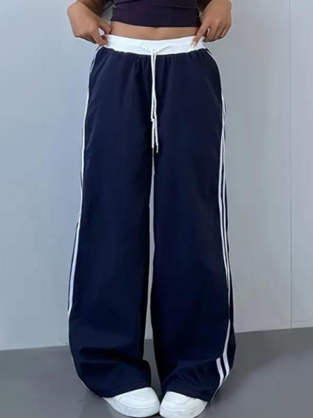 Women's Side Color Block Casual Straight Leg Pants, Fitted Woven Fabric, Moderate Thickness, All Seasons Wear, Comfortable & Stylish Design