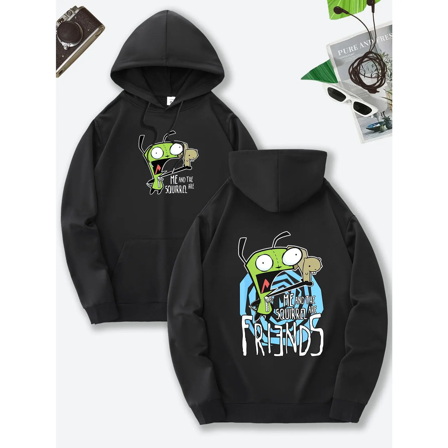 Fun Cartoon Alien Friends Graphic Hoodie, Chest & Back Dual‑Print Unisex Cotton Hooded Pullover For Youth Street Casual