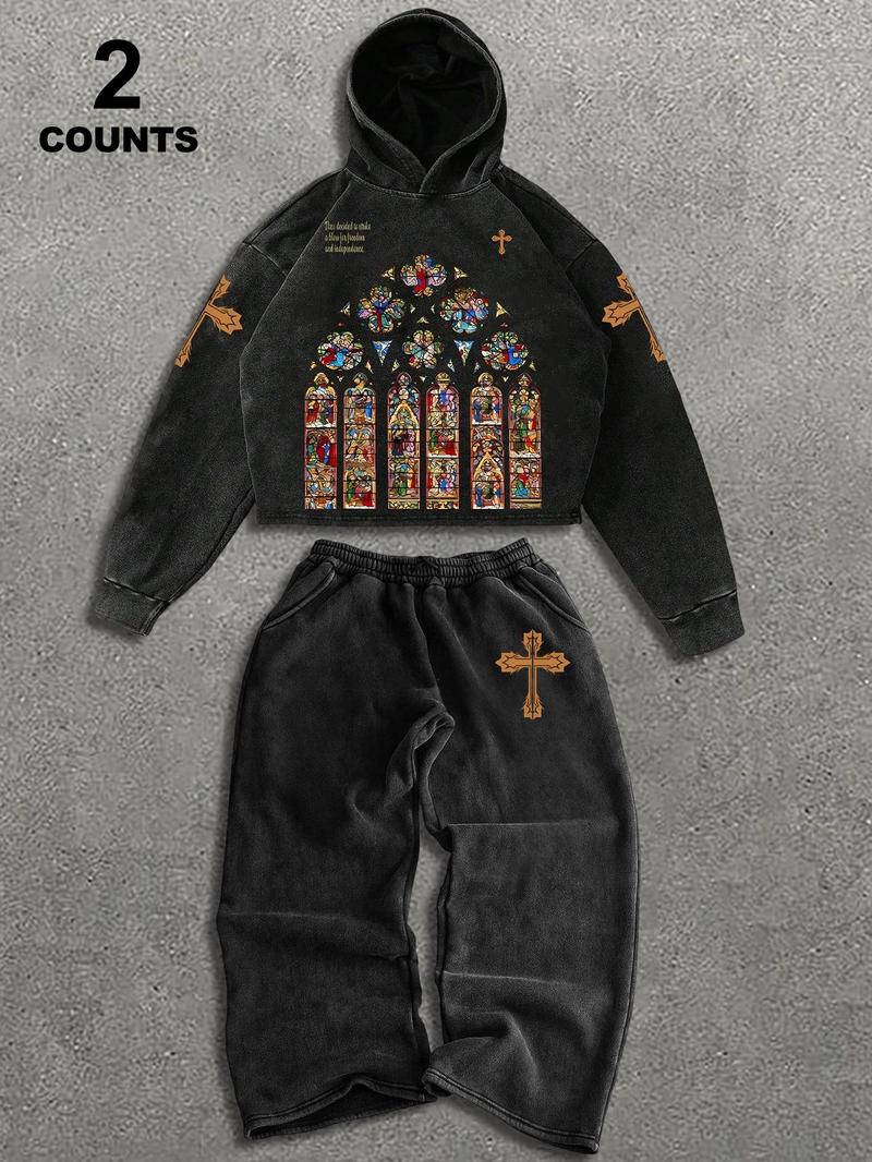 Men's Retro Graphic Hooded Sweatshirt Set, Long Sleeve Fitted Hoodie, Comfortable Casual Wear, Spring & Fall Fashion