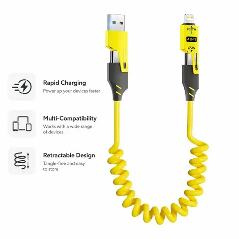 4-in-1 65W Fast Charging Cable, Retractable Spring Design for Ultra-Fast Power Transfer and, Multi-Port Cable Compatible with iPhone, iPad, Samsung, Xiaomi, Huawei and Oppo Fast Charging Cord
