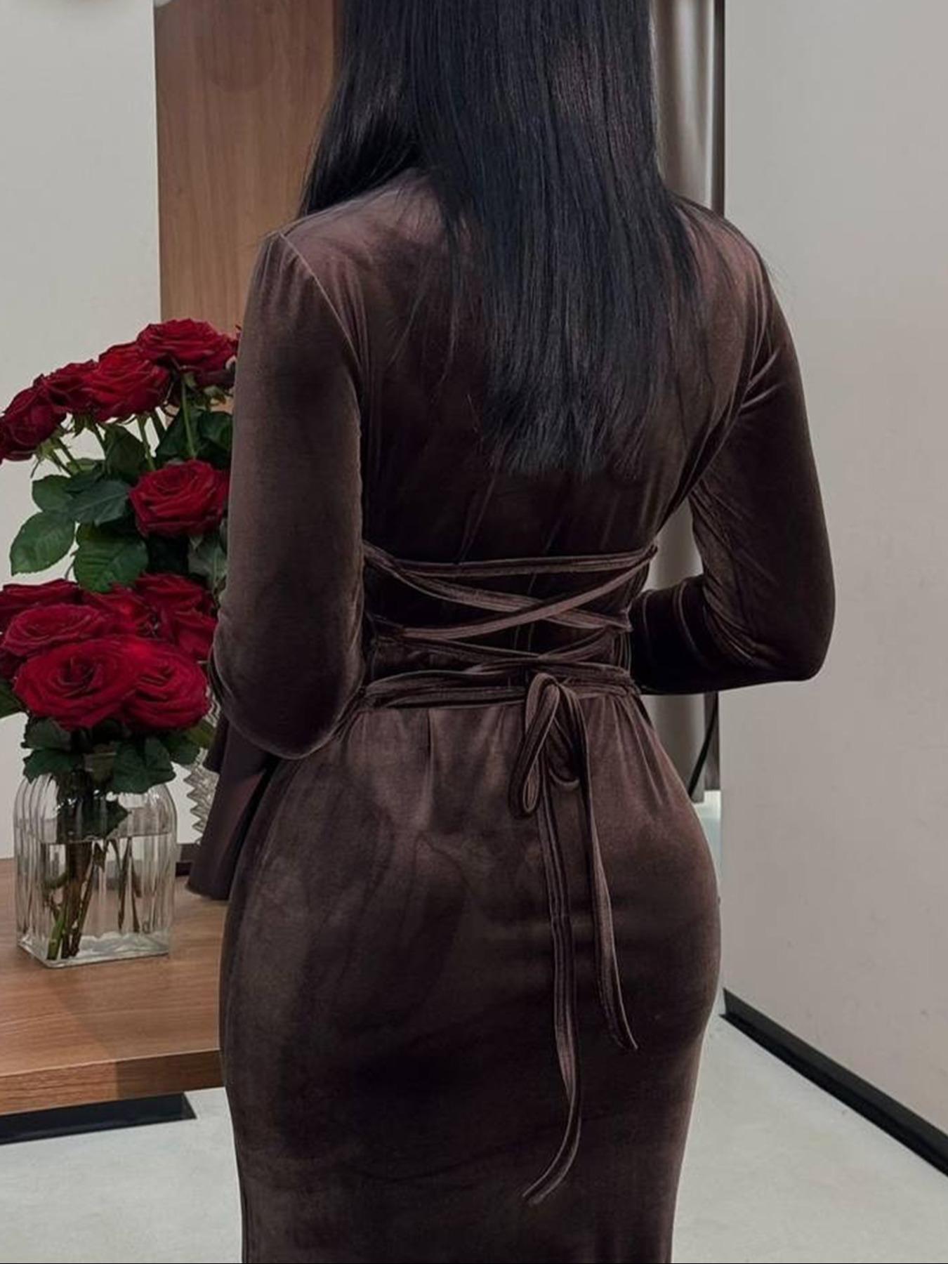 Fashion Elegant Flare Sleeve Lace-Up Bodycon Dress, Long Sleeve Casual Fall Dress, Plain Pattern, Slender-Fitting Design