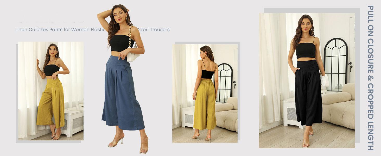 Tanming Women's Cotton Linen Culottes Pants Elastic Waist Wide Leg Palazzo Trousers Capri Pants with Pockets Tanming Women's Cotton Linen Culottes Pants Elastic Waist Wide Leg Palazzo Trousers Capri Pants with Pockets