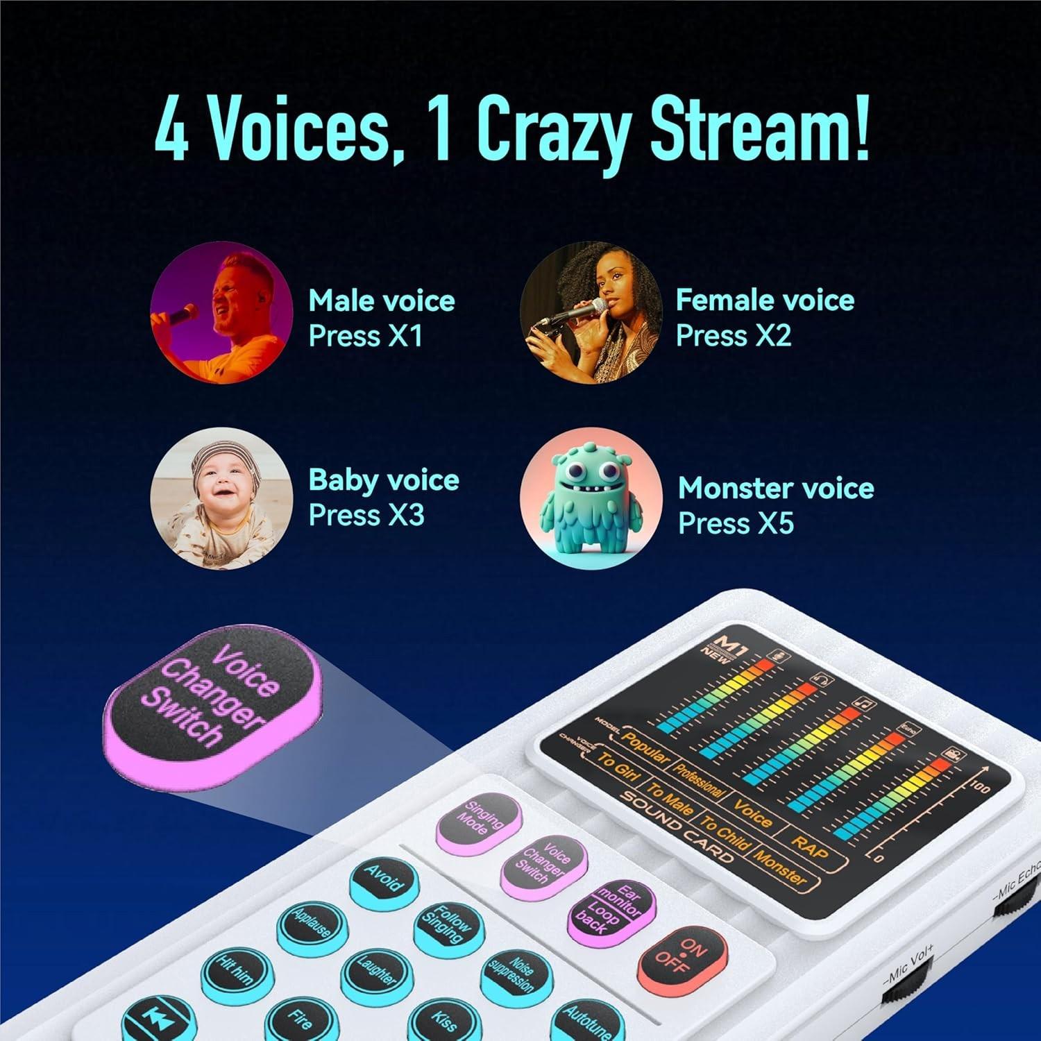 Portable Handheld Sound Card Set, Mini Audio Mixer with 12 Sound Effects, Real-Time Voice Change, Reverb & Vocal Enhancement, Bluetooth/AUX/Type-C/iOS Compatible, Condenser Mic & Monitor Headphone Bundle for PC Mobile Phone, Perfect for Podcast, Singing,