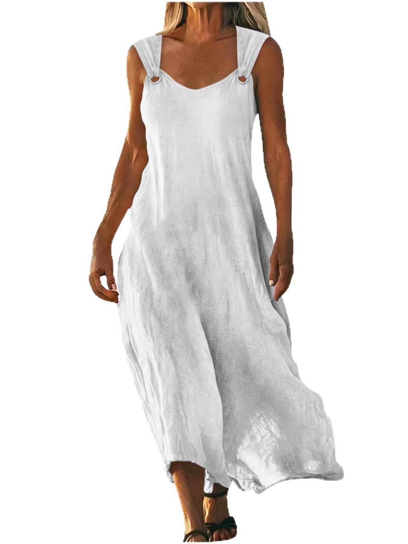 2026 Women's Dress, Everyday Casual Summer Wear, Womenswear, Elegant Aesthetic V-Neck Design, Metallic Button Detailing, Breathable Lightweight Cotton-Linen Fabric, Sleeveless, Minimalist Style