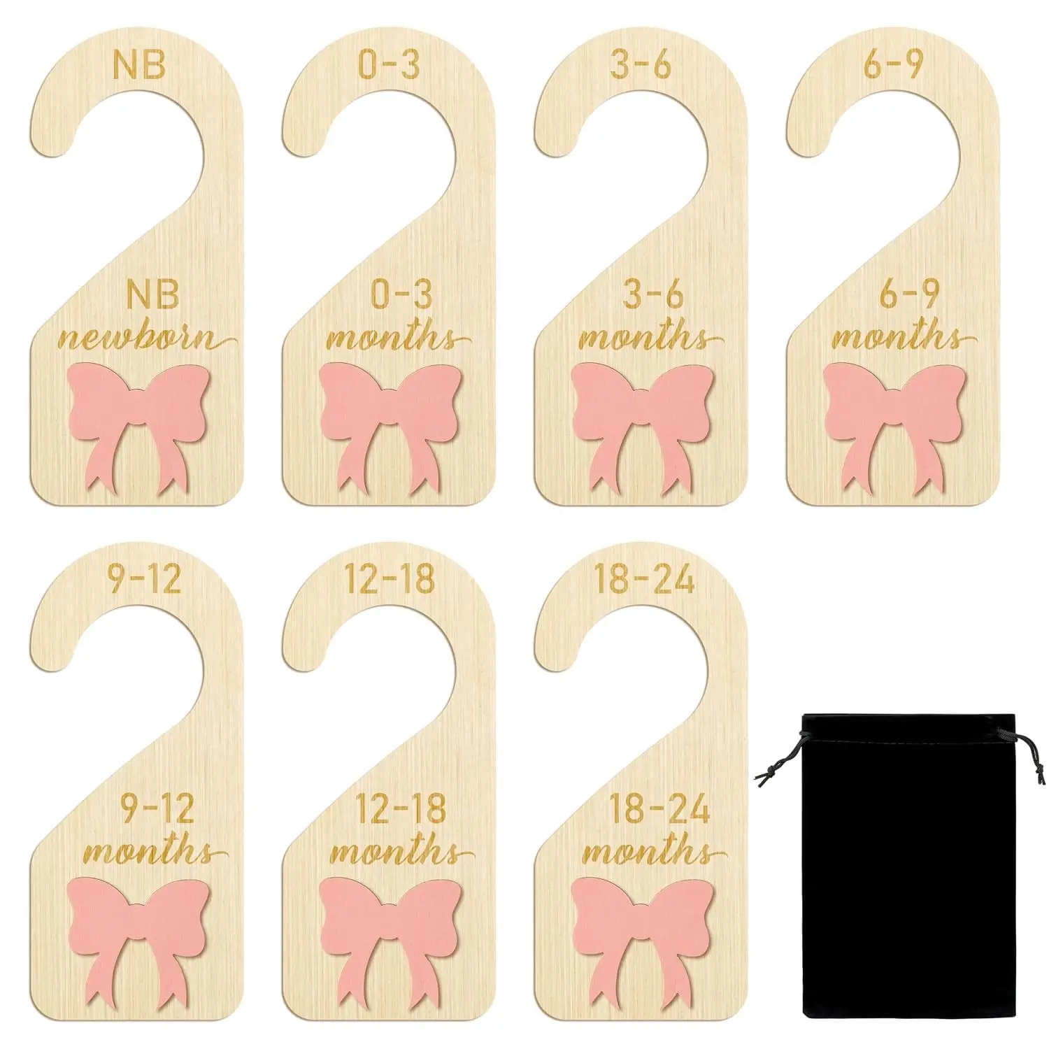 8Pcs Wooden Baby Closet Dividers with 3D Pink Bow, Double-Sided Nursery Hanger Size Dividers from Newborn to Toddler, Baby Shower Christmas Gift 0-24 Months(Gift)