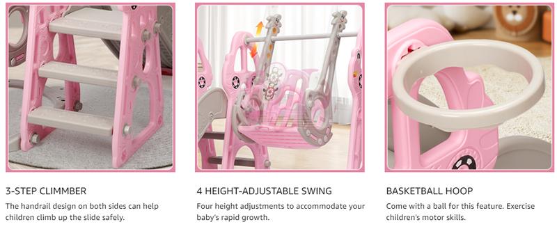 Rengue 4 in 1 Kids Slide and Swing Set, Indoor/Outdoor Playground for Toddlers 1-6 Kids Baby with Basketball Hoop, Climber Slide Toddlers Playset for Boys and Girls Backyard Playground