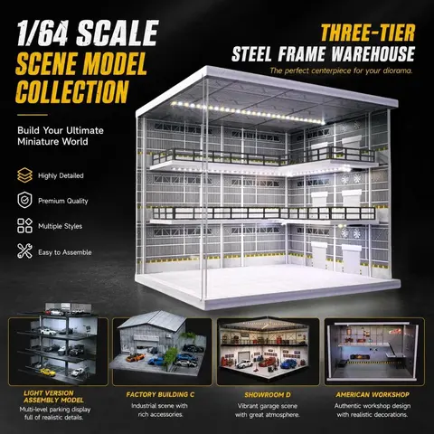 NUEIOVRW 1/64 Scale 3-Story Light-Up Multi-Layered Parking Lot Diorama Car Garage Model, 28Cm * 23Cm * 23Cm High-PVC Foam Display, LED Lighting, Acrylic Dust Doors, Handmade Details, DIY Easy Assembly, Model Car Enthusiasts Collector Gift