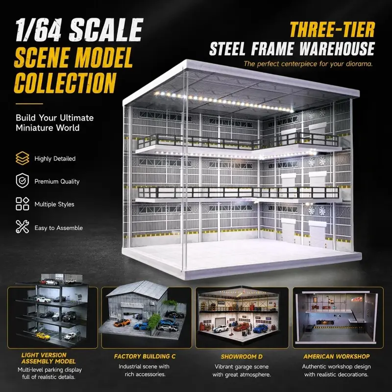 NUEIOVRW 1/64 Scale 3-Story Light-Up Multi-Layered Parking Lot Diorama Car Garage Model, 28Cm * 23Cm * 23Cm High-PVC Foam Display, LED Lighting, Acrylic Dust Doors, Handmade Details, DIY Easy Assembly, Model Car Enthusiasts Collector Gift