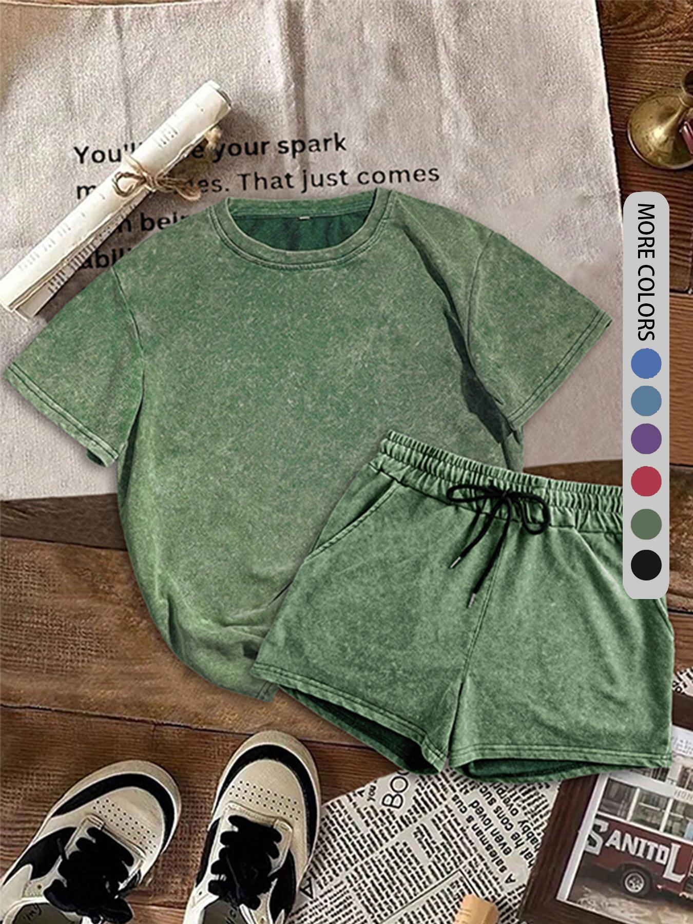 Two-piece Set Women's Solid Color Short Sleeve Tee & Shorts, Casual Minimalist Fitted Round Neck T-shirt & Shorts, Summer Daily Clothes Set for Ladies Outdoor Holiday, Womenswear, Athletic Activewear