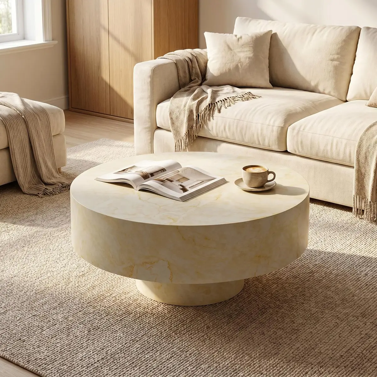 Round Coffee Table, Fluted Coffee Table with Sturdy Pedestal, Mid Century Modern Coffee Table for Living Room, Bedroom, Terrace, Office, Small Space