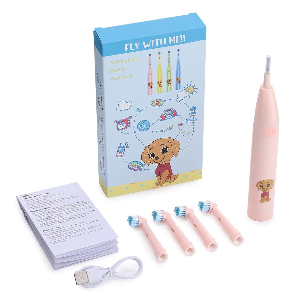 Rotating Childrens Electric Toothbrush, Rechargeable Toothbrush, 5 Speed Settings, Cartoon Kids Teeth Cleaning Brush with 4 Replacement Heads