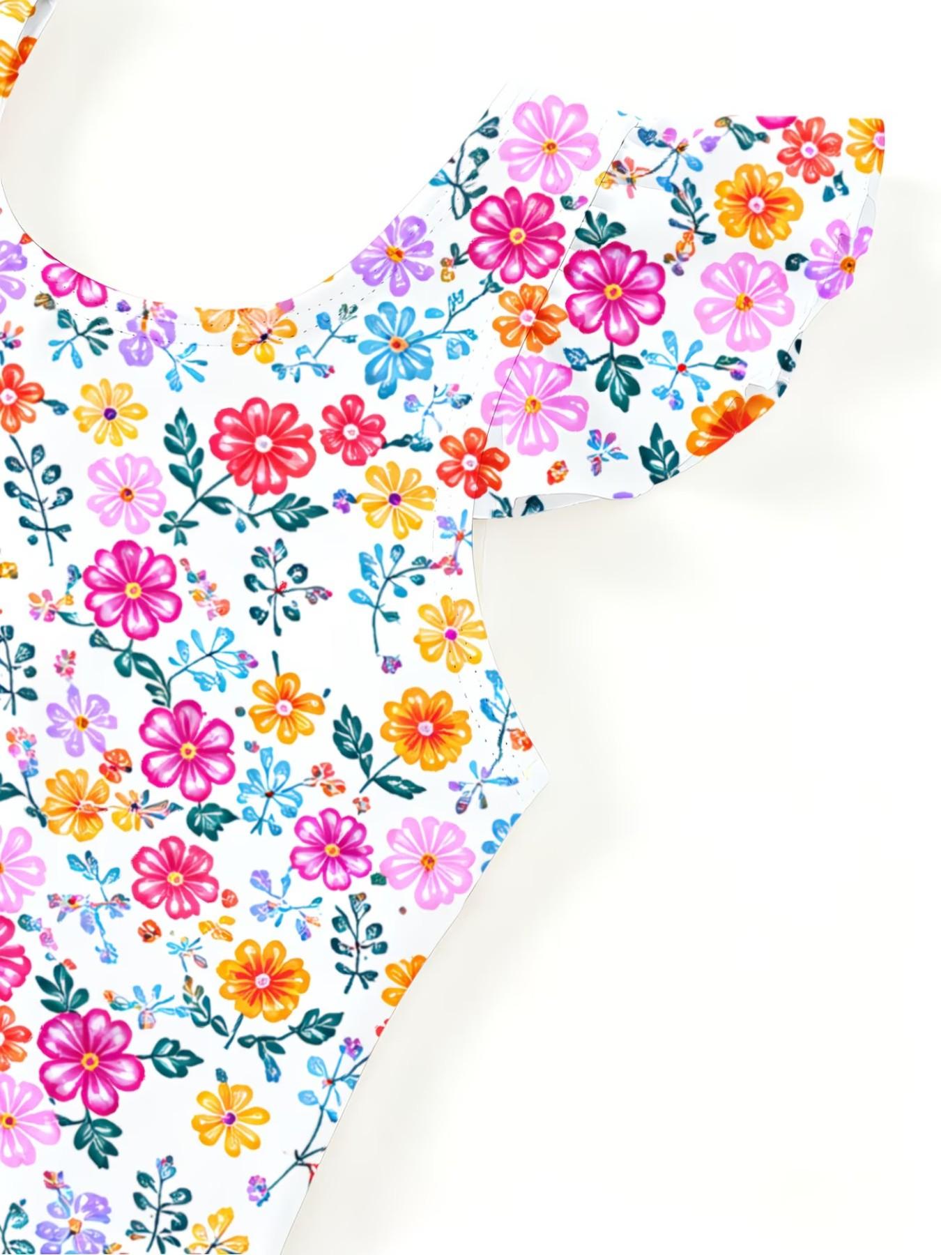 Colorful Floral Print Girls' Jumpsuit, Cute Cartoon Print, Ruffled Quick-Dry Kids Swimwear, Fashion Swimsuit, Beach Party