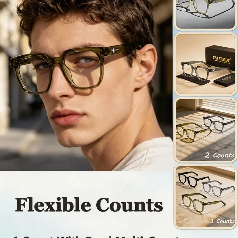 Caterside Fashion Square Tr90 Light Blocking Glasses, Square Frames Eyeglasses, Unisex Outdoor Sports Travel Driving Beach Street Photography Props