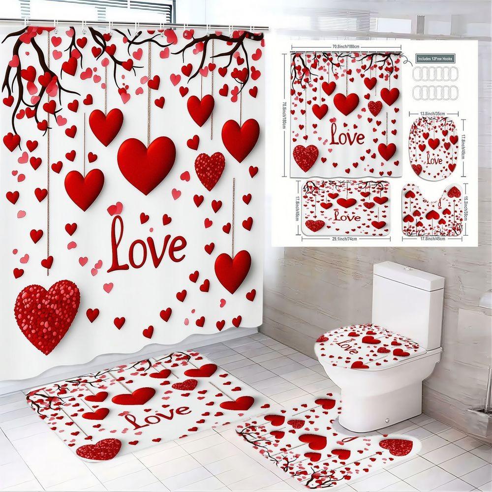 4pcs Romantic Valentine's Day Bathroom Decor Set - Elegant White Shower Curtain with Red and Pink Heart Motif, Adorable Matching Bathroom Mat, Toilet Base Rug, and Lid Cover, Perfect for Creating a Love-Inspired Oasis in Your Home Shower Curtain Sets