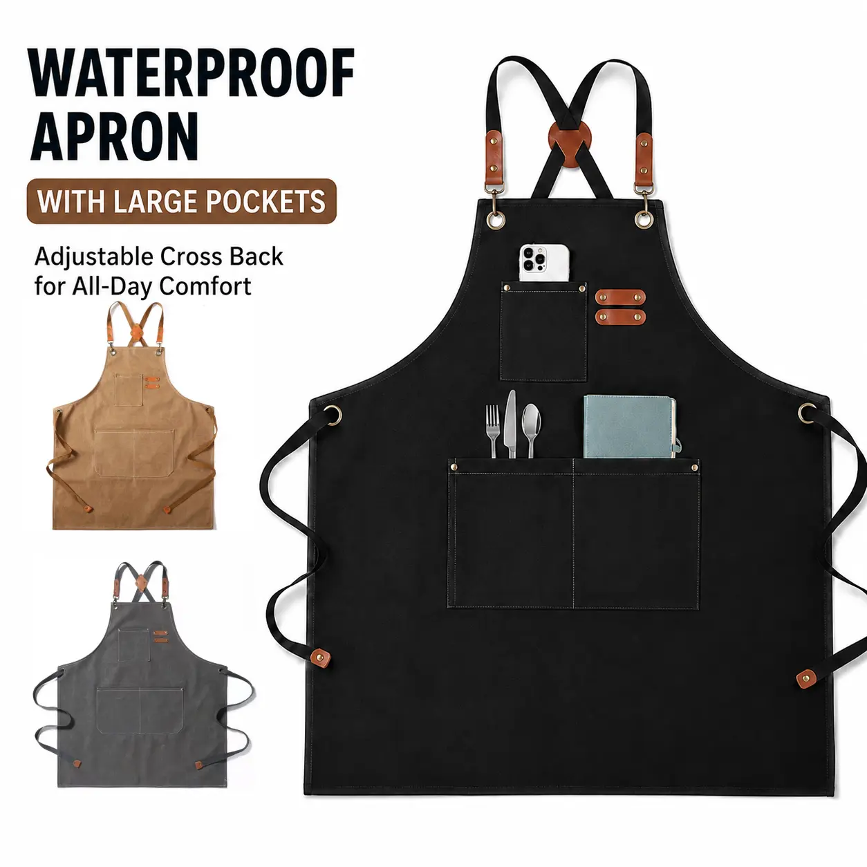 MIUVA  Aprons for Women with Pockets  Waterproof Polyester Cotton Canvas Chef Apron Adjustable Cross Back Work Apron with Large Pockets for Cooking Baking BBQ Gardening