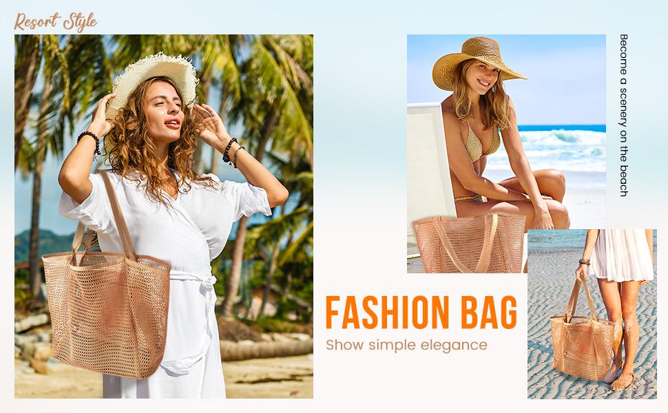 Women's Sandproof Woven Polyester Mesh Beach Tote Bag, Summer Travel Storage Handbag with Large Pocket & Shoulder Straps
