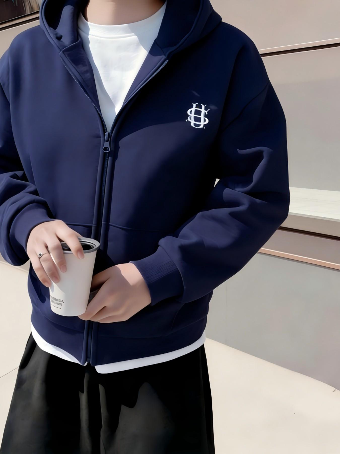 Men's Light Blue Zip-Up Hooded Sweatshirt, Heavyweight Loose Fit Casual Jacket, Minimal Embroidery, Streetwear for Spring & Autumn, 5 Colors