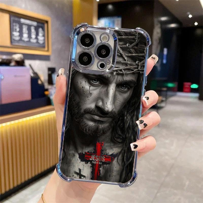 Jesus Clear Protective Four Comers Air Cushion Anti-drop CellPhone Case Clear BracketPhone Case for iPhone 16 15 14 13 12 Pro Max 15 14 Plus Four Corners Cases #IPYS8