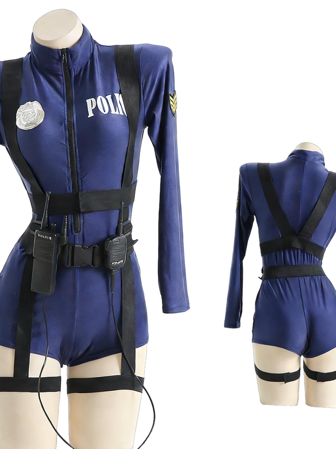 Female Police Cosplay Bodysuit, Role Play Set, Deep V Zipper Long Sleeve, Halloween Party Sexy Police, Tiktok Aesthetic